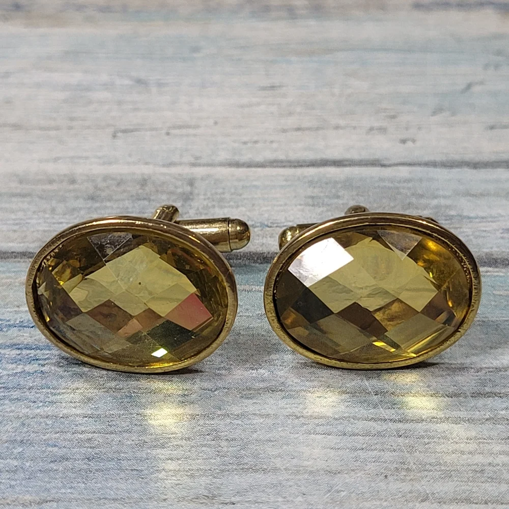 Yellow Plastic rhinestone Cuff Links.